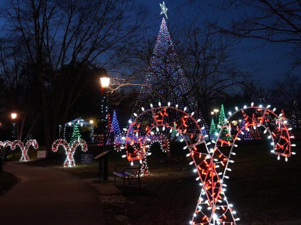 Festive Christmas and holiday lights light up a park with candy cane and tree lights
