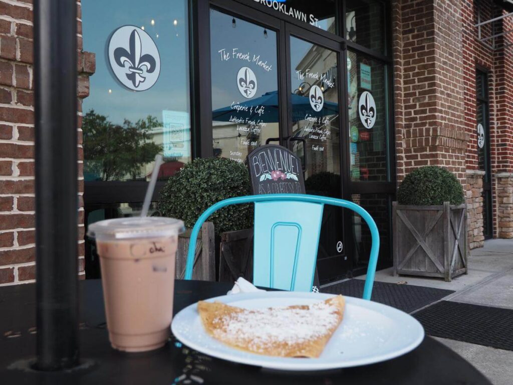 coffee and a crepe on the patio at French Market
