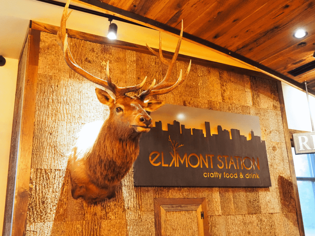 A deer wall mount and sign at Elkmont Station.