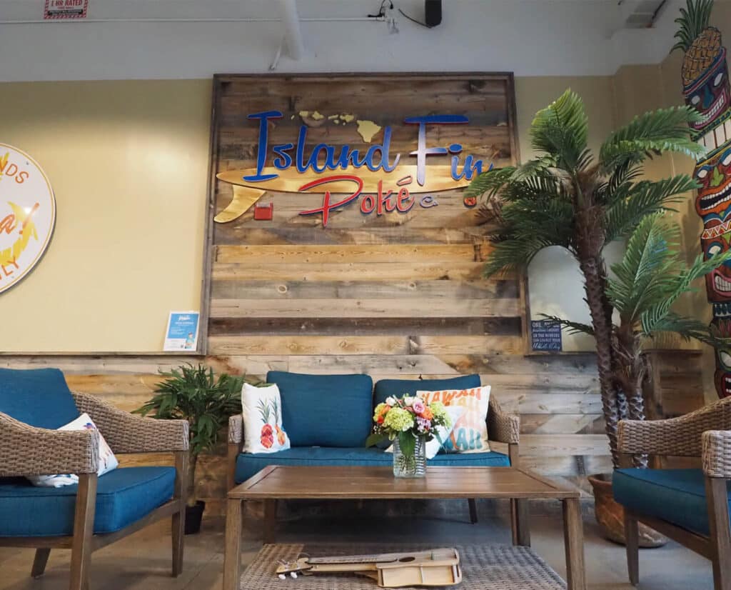 The Hawaiian-themed sitting area at Island Fin Poke.